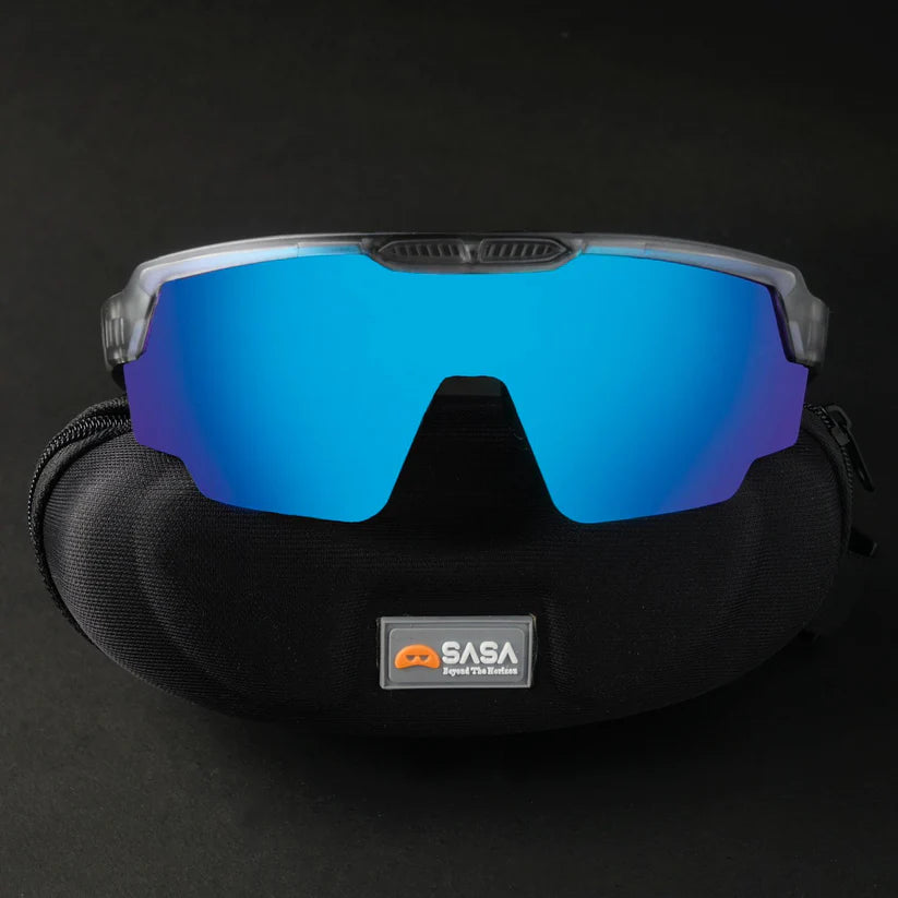 SASA Raptor Translucent Grey Frame Ice Blue Revo Lens Sports Sunglasses