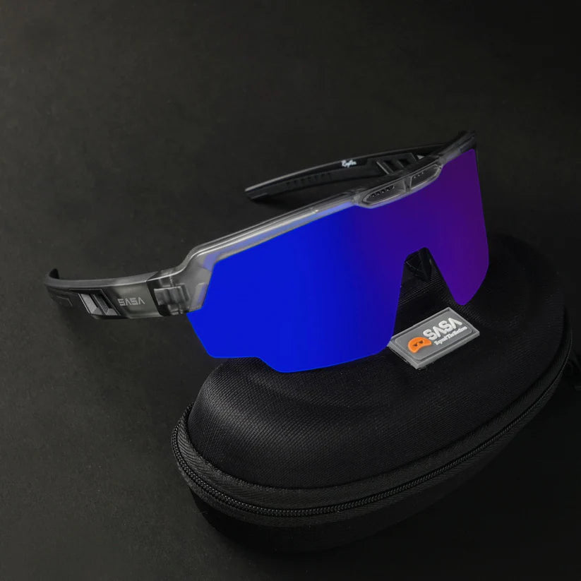 SASA Raptor Translucent Grey Frame Blue Revo Lens Sports Sunglasses