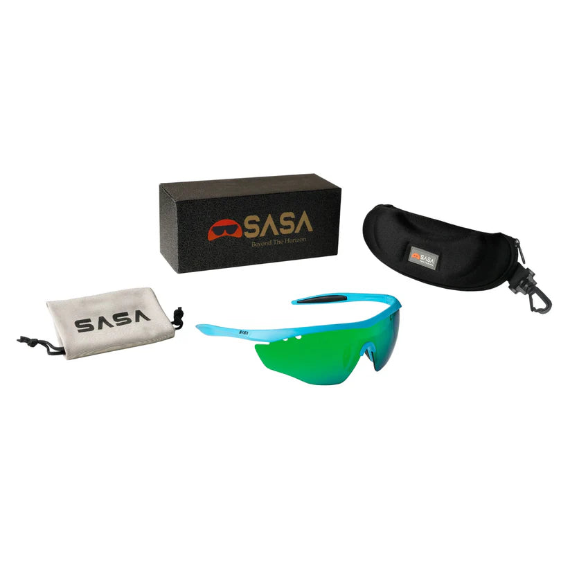 SASA Hawkeye Matte Turquoise Blue Frame Green Revo Lens Sports Sunglasses