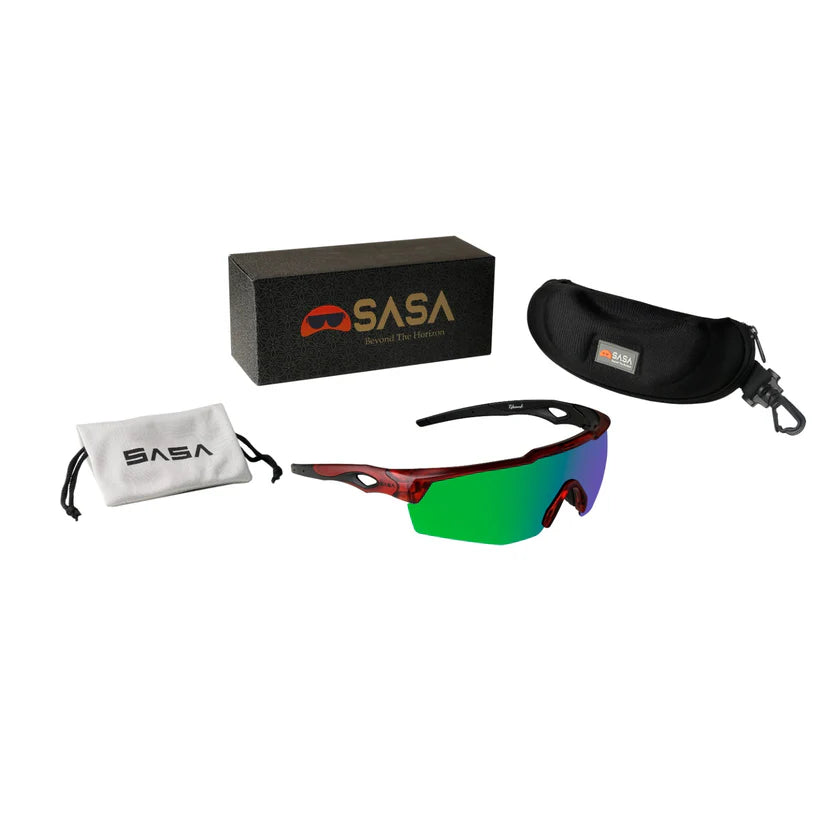 SASA Rebound Translucent Red Frame Green Revo Lens Sports Sunglasses