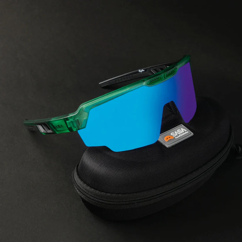 SASA Raptor Translucent Green Frame Ice Blue Revo Lens Sports Sunglasses