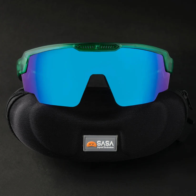 SASA Raptor Translucent Green Frame Ice Blue Revo Lens Sports Sunglasses