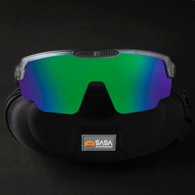 SASA Raptor Translucent Grey Frame Green Revo Lens Sports Sunglasses
