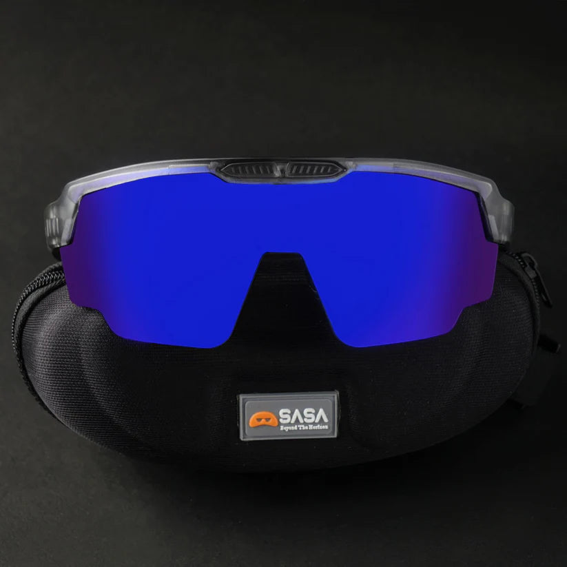SASA Raptor Translucent Grey Frame Blue Revo Lens Sports Sunglasses