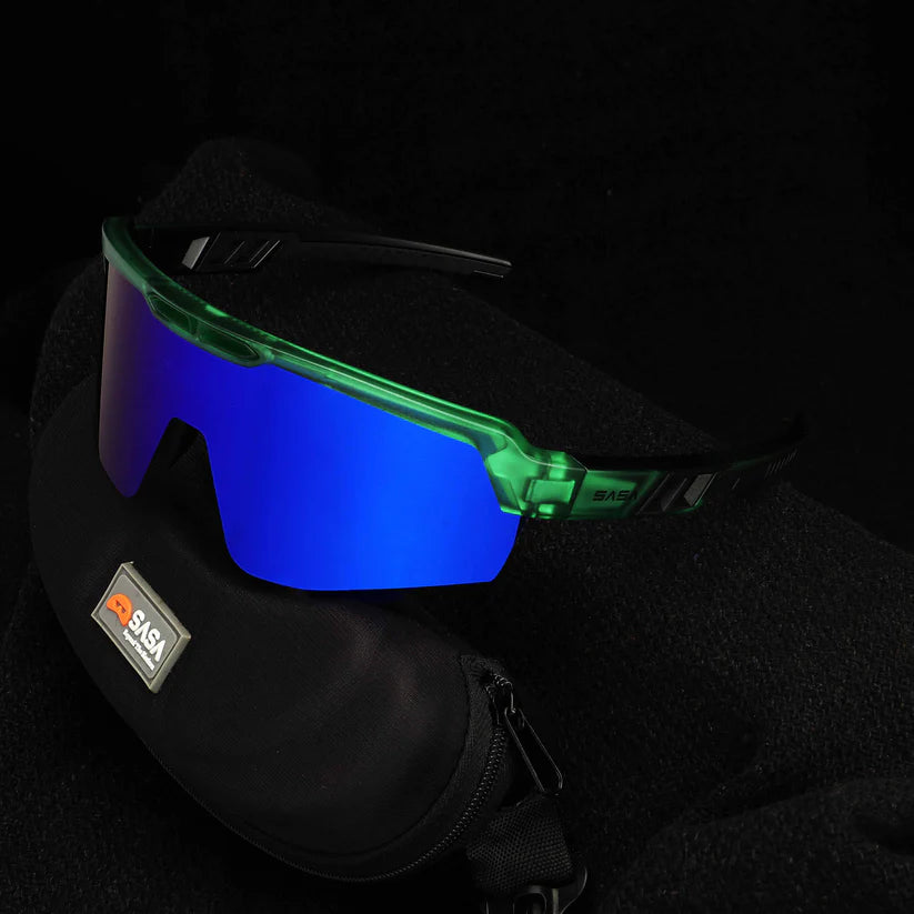SASA Raptor Translucent Green Frame Blue Revo Lens Sports Sunglasses