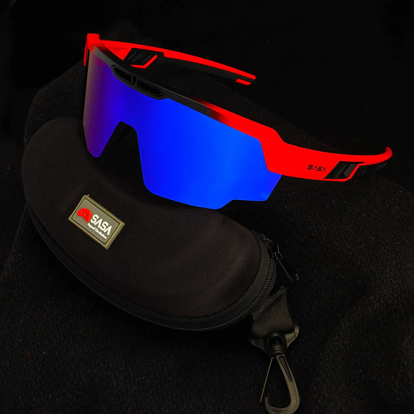 SASA Raptor Matte Red Frame Blue Revo Lens Sports Sunglasses