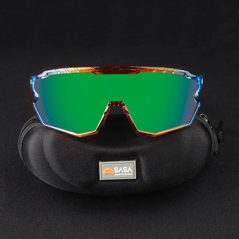 SASA Z-Series Prismatic Blue/Orange Frame with Green Revo Lens Sports Sunglasses