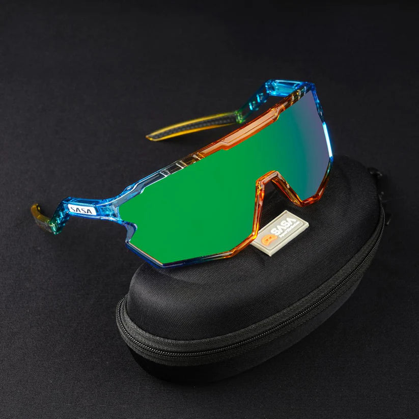 SASA Z-Series Prismatic Blue/Orange Frame with Green Revo Lens Sports Sunglasses