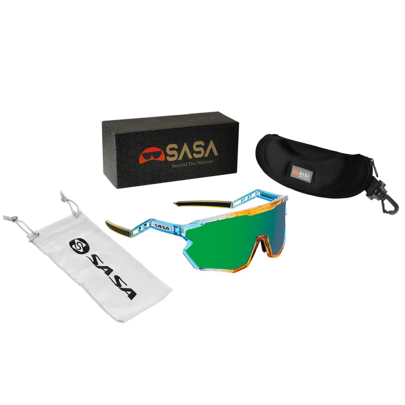 SASA Z-Series Prismatic Blue/Orange Frame with Green Revo Lens Sports Sunglasses