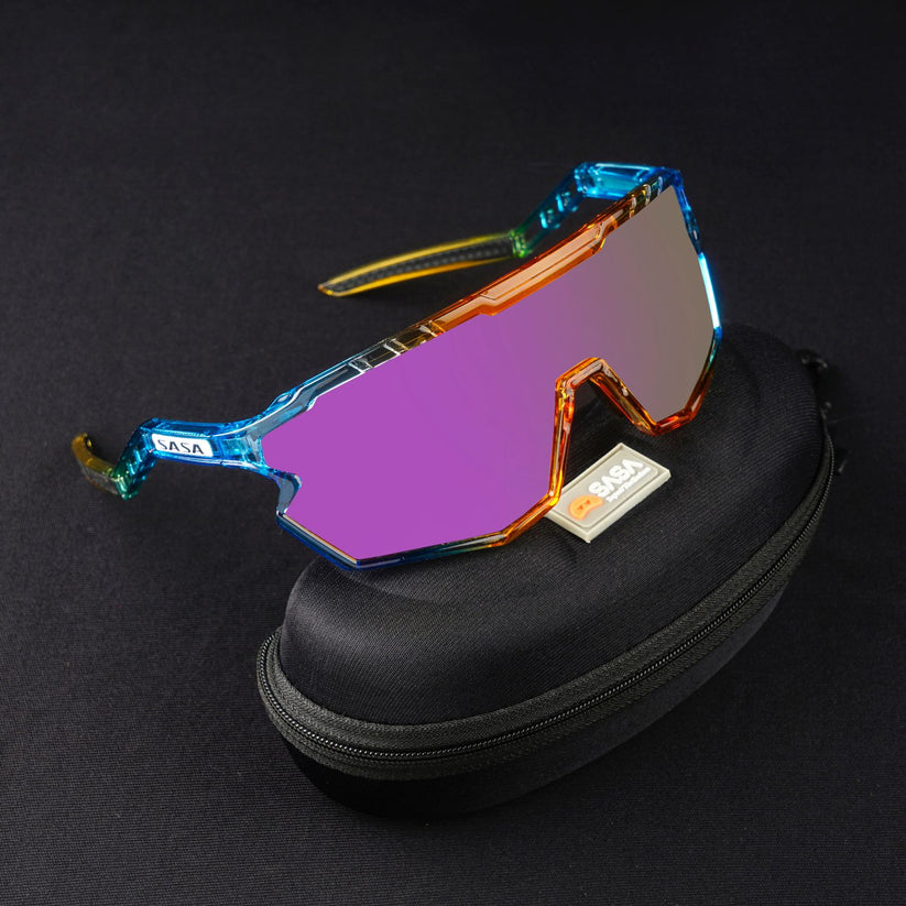 SASA Z-Series Prismatic Blue/Orange Frame Purple Revo Lens Sports Sunglasses