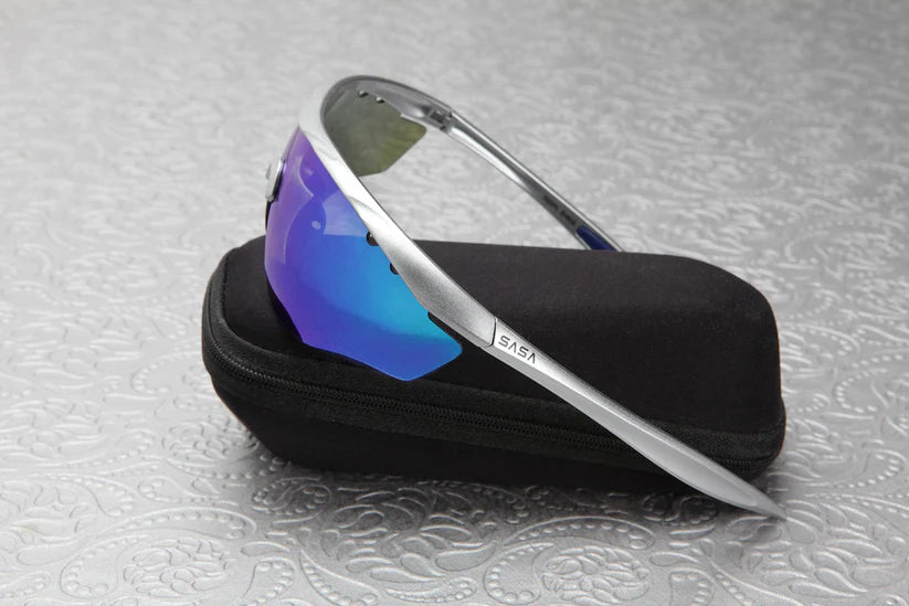 SASA Hawkeye Matte Silver Frame Blue Revo Lens Sports Sunglasses