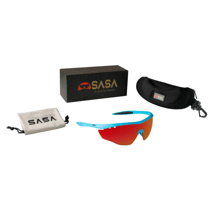 SASA Hawkeye Matte Turquoise Blue Frame Red Revo Lens Sports Sunglasses