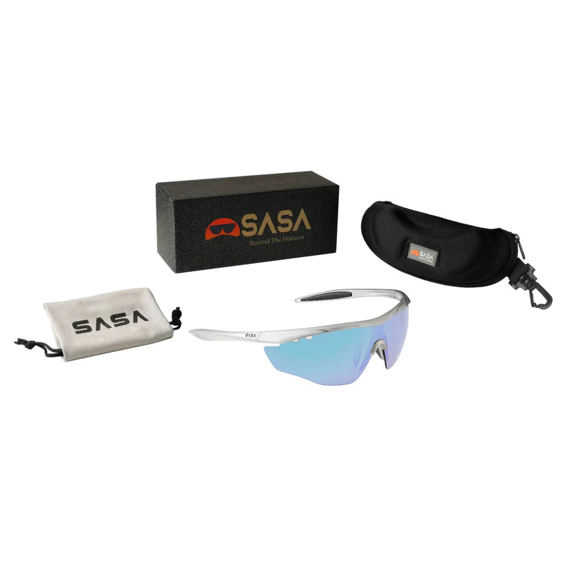 SASA Hawkeye Matte Silver Frame Ice Blue Revo Lens Sports Sunglasses