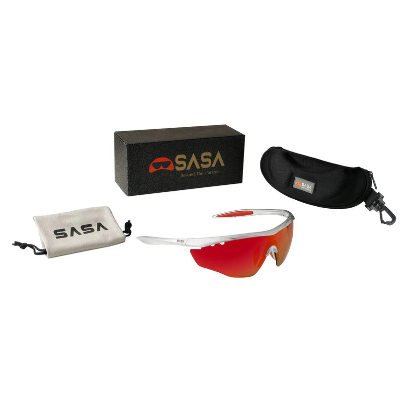 SASA Hawkeye Matte Silver Frame Red Revo Lens Sports Sunglasses