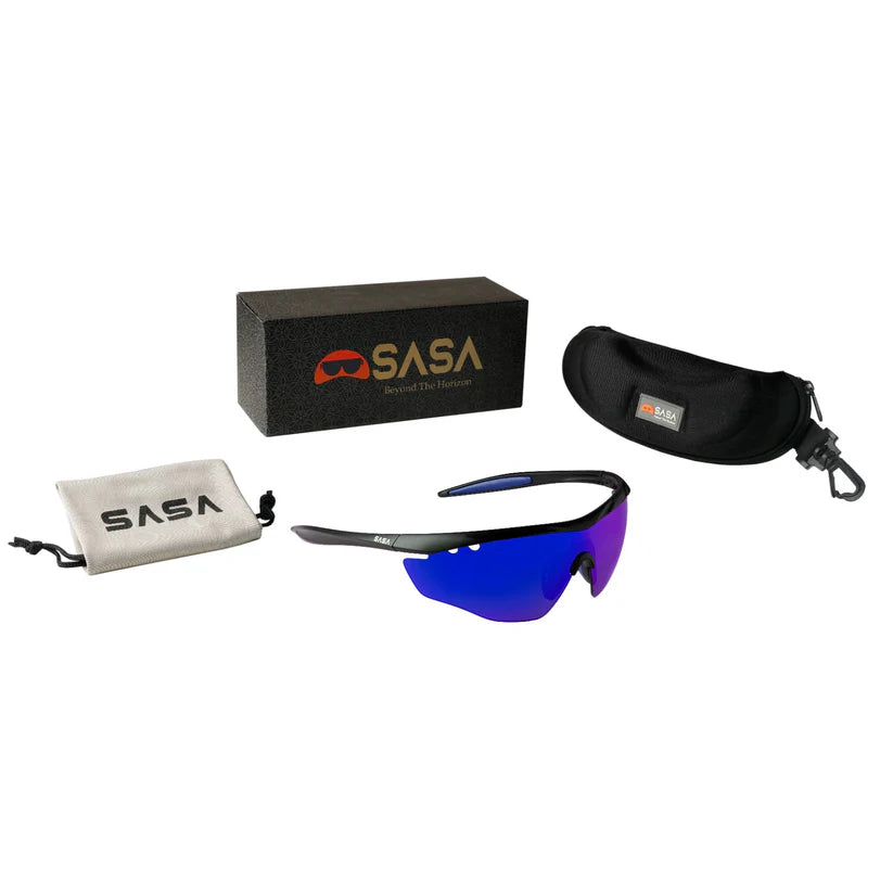 SASA Matte Black Frame Blue Revo Lens Hawkeye Sports Sunglasses