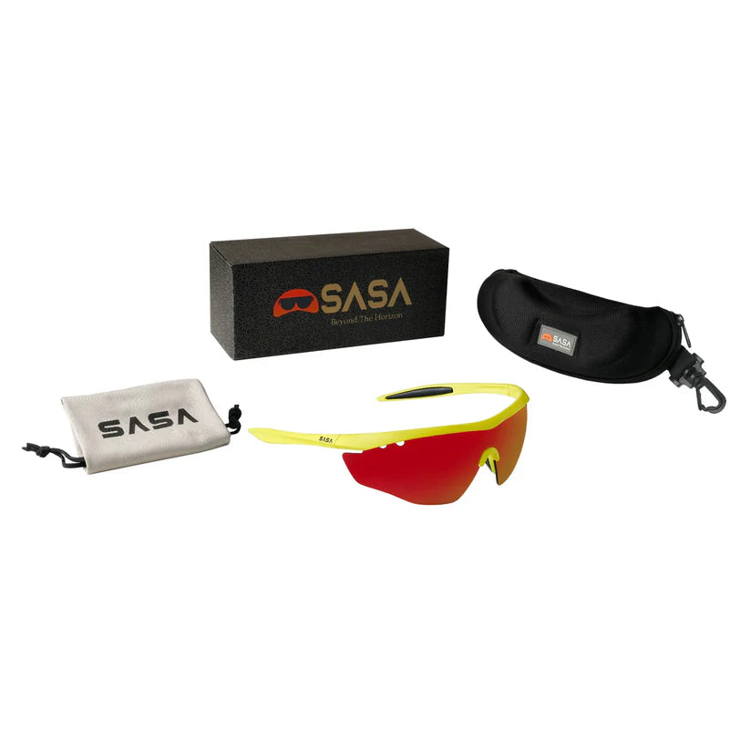 SASA Hawkeye Neon Yellow Frame Red Revo Lens Sports Sunglasses