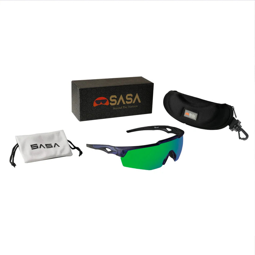 SASA Rebound Translucent Blue Frame Green Revo Lens Sports Sunglasses
