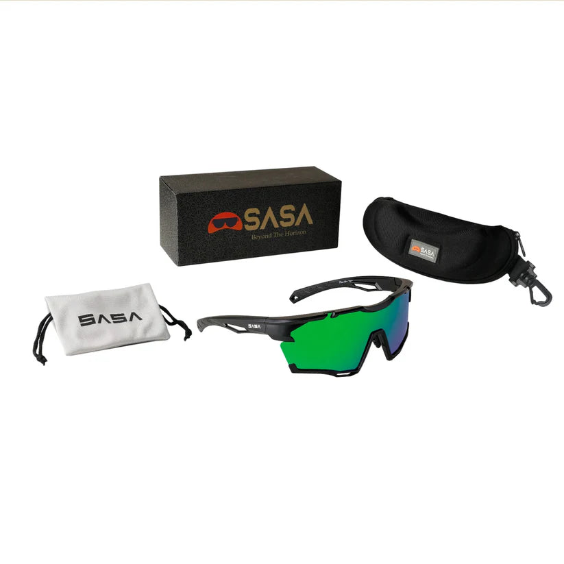 SASA Phantom Matte Black Frame Green Revo Lens Sports Sunglasses