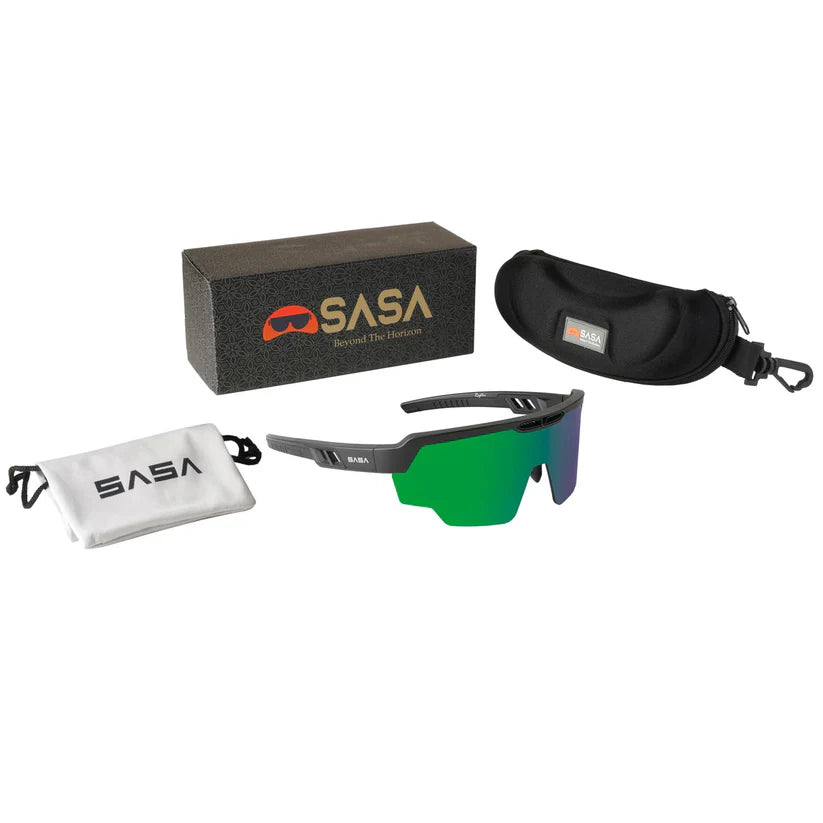 SASA Raptor Matte Black Frame Green Revo Lens Sports Sunglasses