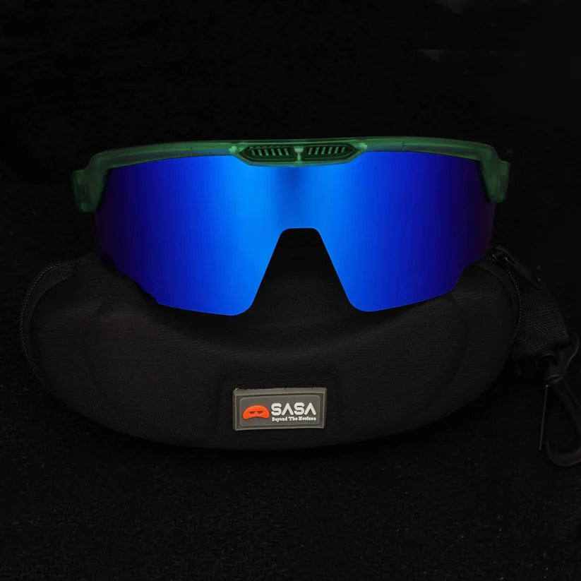 SASA Raptor Translucent Green Frame Blue Revo Lens Sports Sunglasses