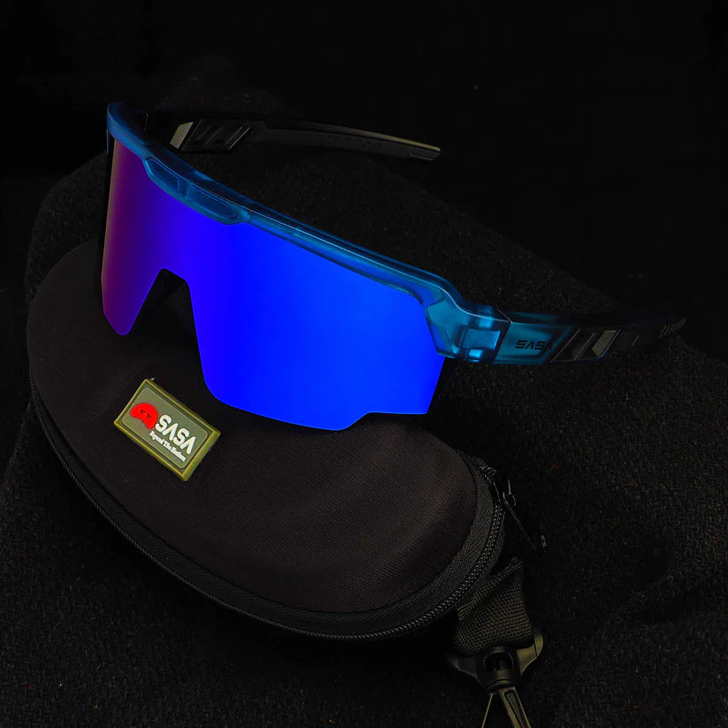 SASA Raptor Translucent Blue Frame Blue Revo Lens Sports Sunglasses