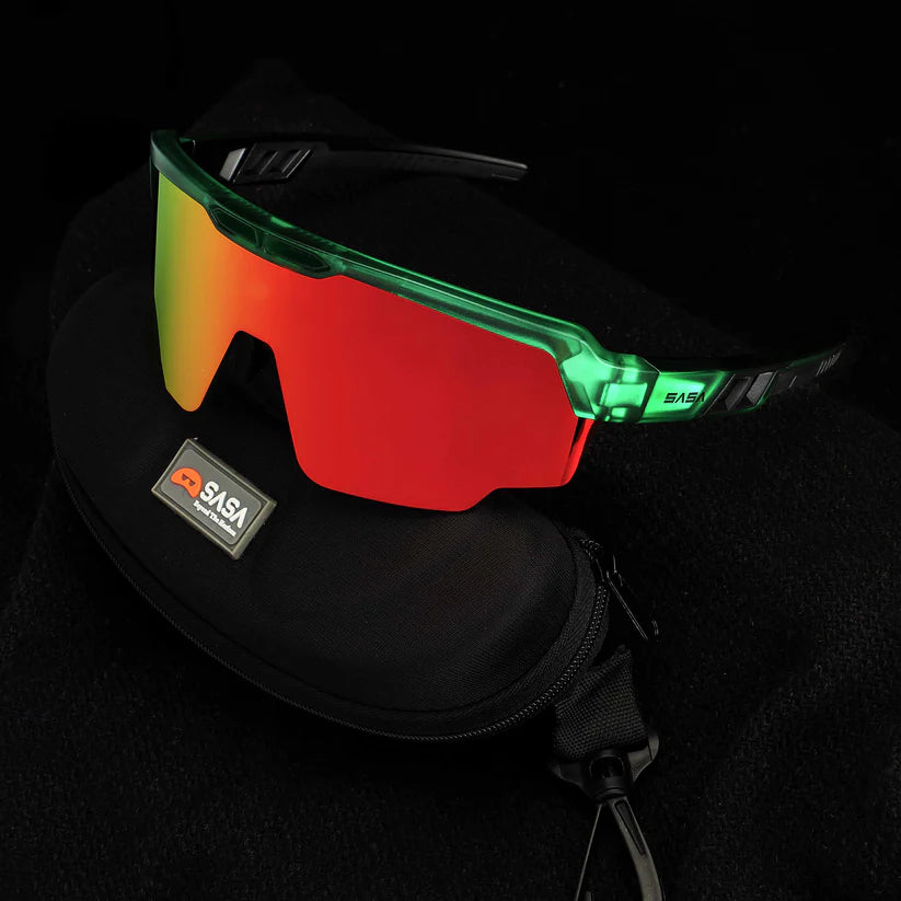 SASA Raptor Translucent Green Frame Red Revo Lens Sports Sunglasses